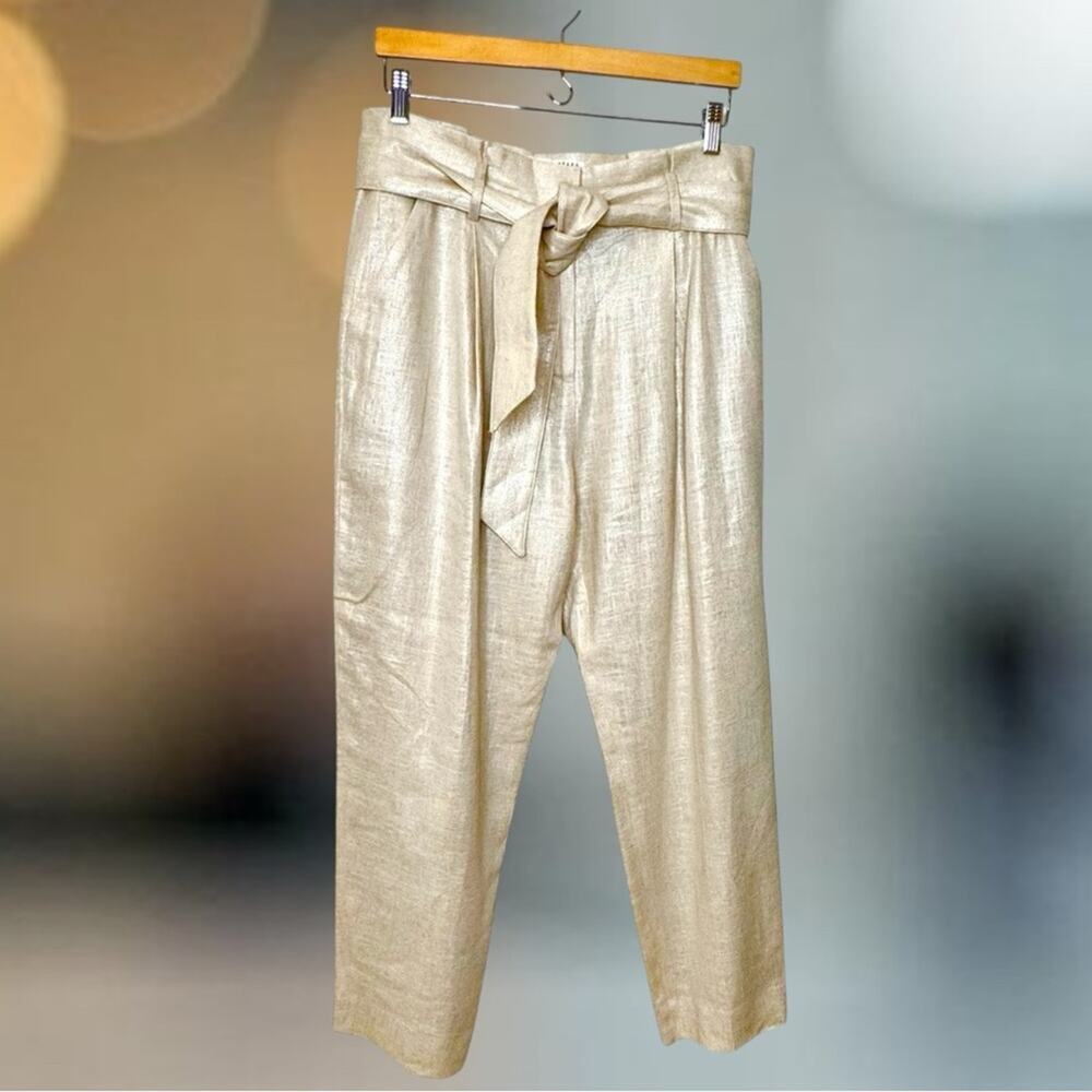 Veronica Beard Pants ZELLY Metallic Beige High Waist Pleated Linen Blend 12